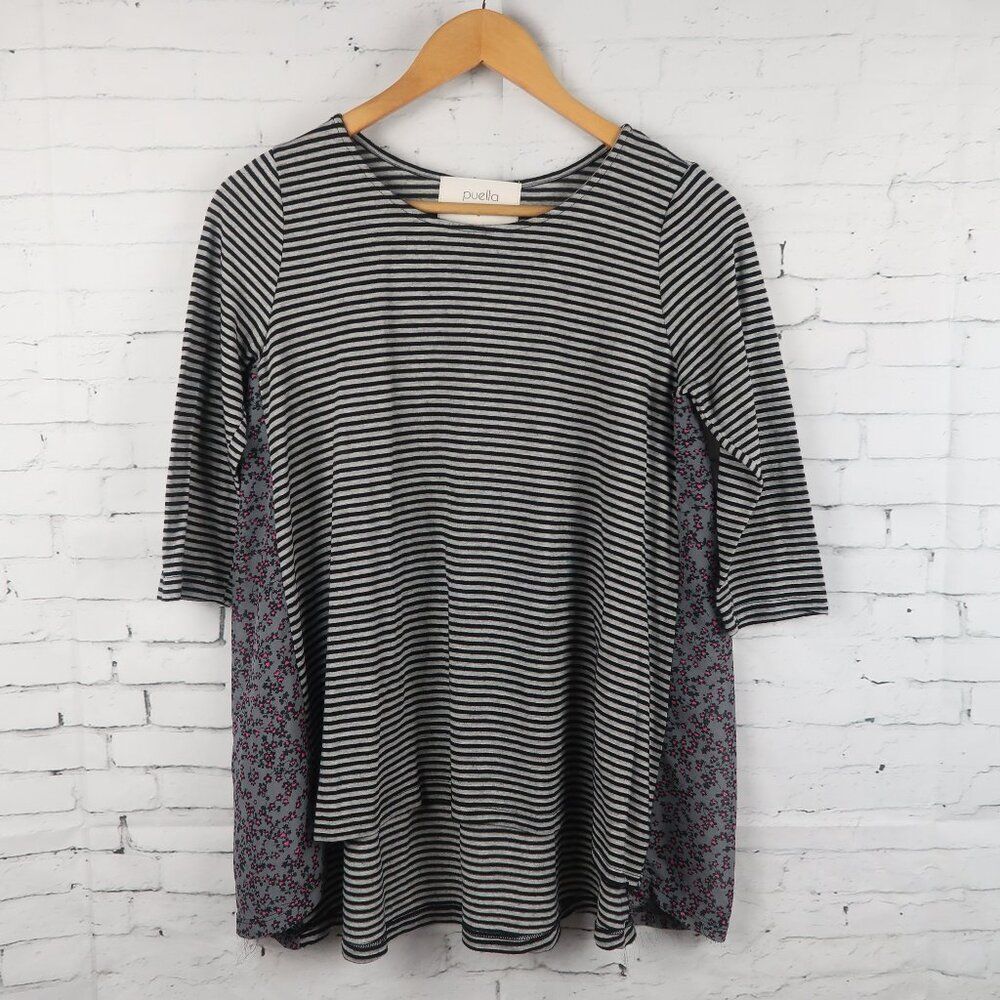 PUELLA BLACK & GREY STRIPE WITH GREY & PINK FLORAL SIDE PANELS TUNIC TOP SIZE S